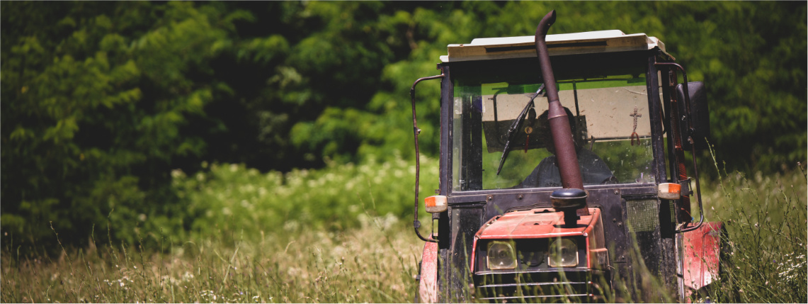 traktor starego typu jedzie przez łąkę
