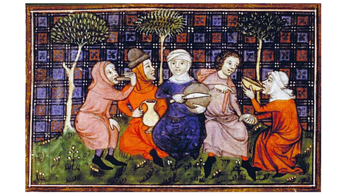 Ryc.1.  Grupa chłopów dzieląca się jadłem i napitkiem; Livre du roi Modus et de la reine Ratio, XIV w.