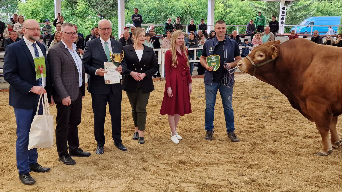 Czempion w kategorii buhaje pow. 24 miesięcy rasy Limousine z PRH Długie Stare Sp. z o.o. Od lewej: Janusz Piotrowski, Dyrektor biura PZHiPBM; Jacek Klimza, Prezes PZHiPBM; Marek Lorych, Prezes PR-H Długie Stare; dr inż. Justyna Winiarska, Dyrektor WODR w Poznaniu; dr Wioleta Barczak, Komisarz VII KWBM; zootechnik PR-H Długie Stare ferma w Gołańczy