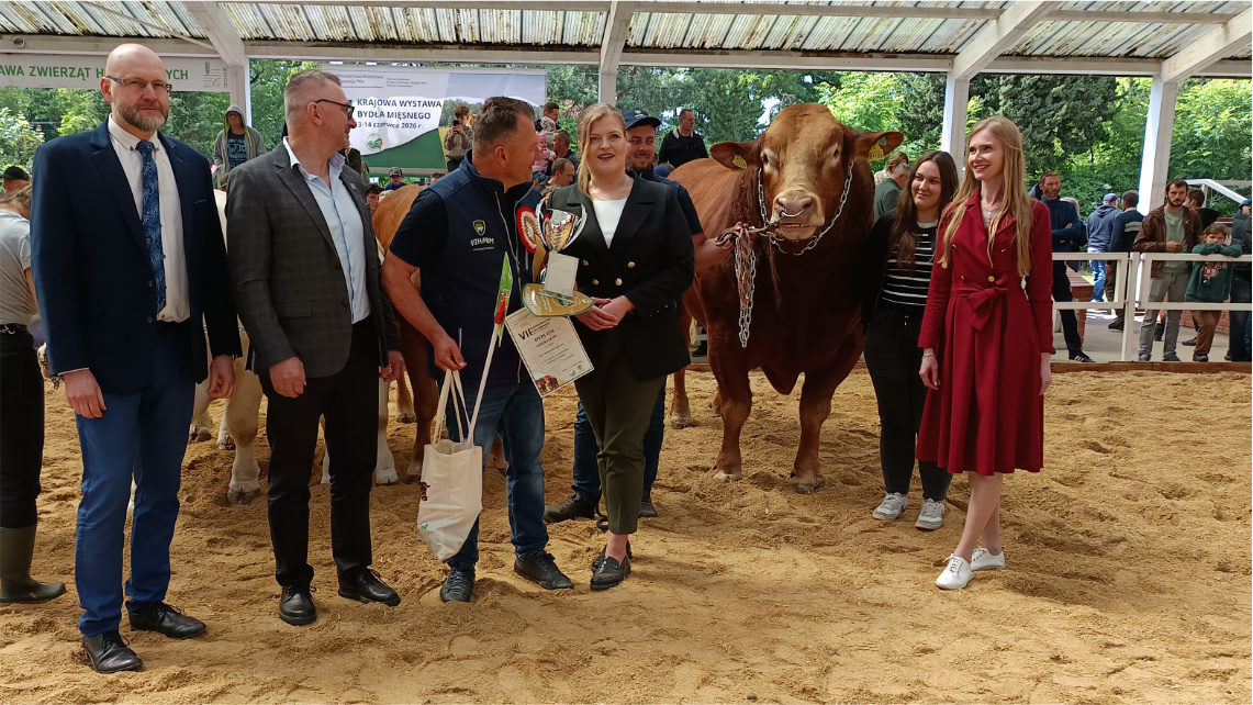Wiceczempion w kategorii buhaje pow. 24 m-cy rasy Limousine Zbigniewa Kołoszyca
Od lewej: Janusz Piotrowski, Dyrektor biura PZHiPBM; Jacek Klimza, Prezes PZHiPBM; Zbigniew Kołoszyc, hodowca czempiona; dr inż. Justyna Winiarska, Dyrektor WODR w Poznaniu; Karolina Kołoszyc i dr Wioleta Barczak, komisarz VII KWBM